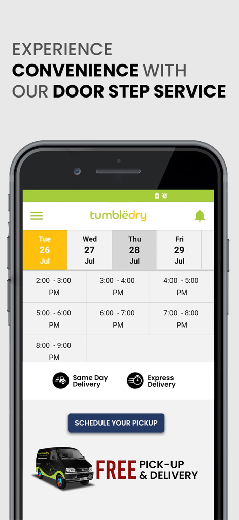 Tumbledry Dry Clean & Laundry - Interface de l'application mobile Tumbledry montrant un calendrier pour les services de prise en charge et de livraison de linge