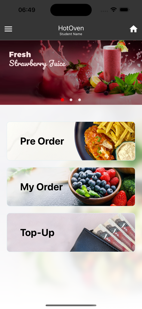 Hot Oven Cafe - Hauptmenü der Hot Oven Cafe App mit Optionen für Vorbestellungen und Aufladungen für Schulmahlzeiten