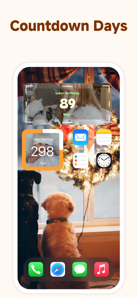 iPhone home screen with customized birthday countdown widgets and a photo wallpaper.