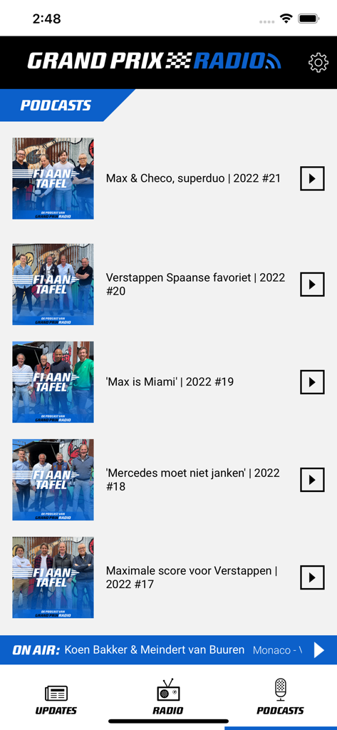 Grand Prix Radio app podcast section displaying a list of F1 Aan Tafel episodes