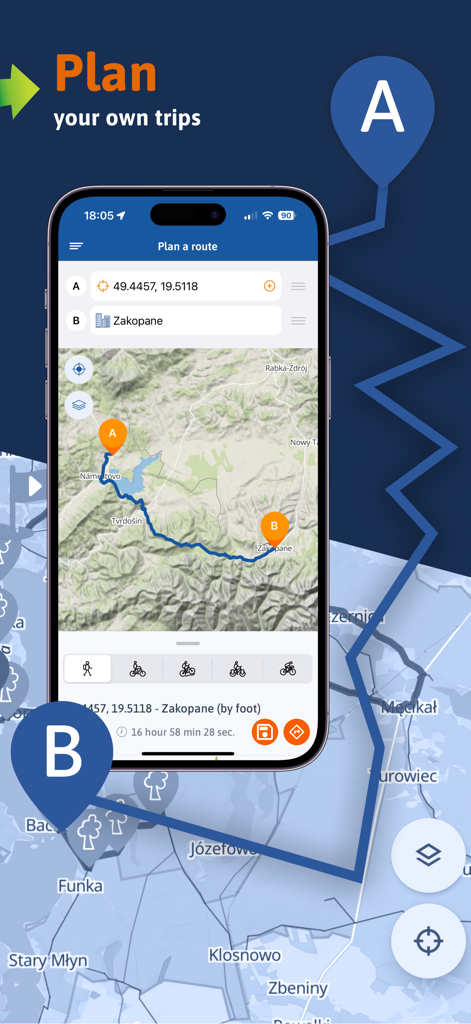 A smartphone screen displaying the Traseo app route planner with a mapped hiking trail to Zakopane.