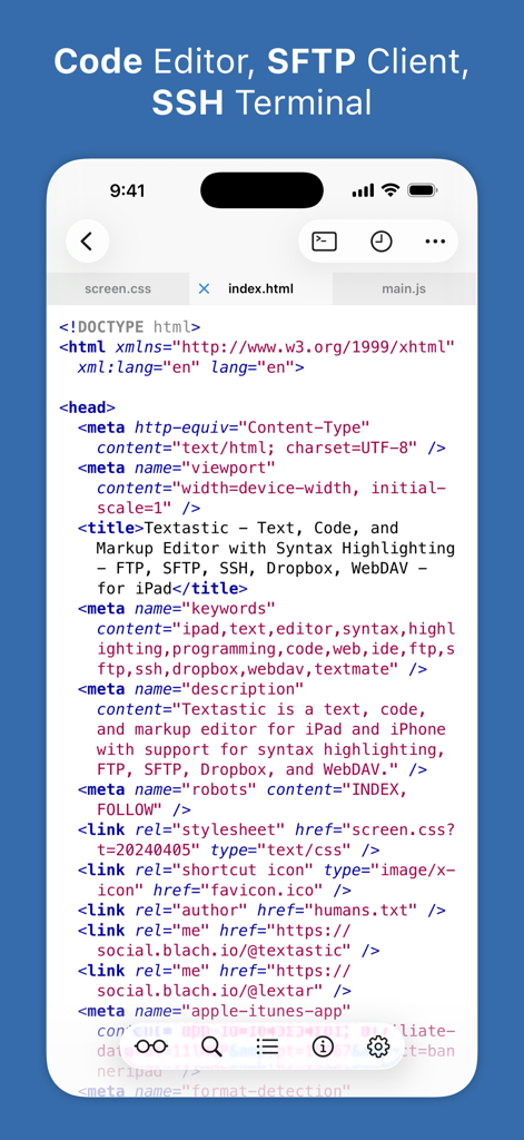 Aplicación de editor de código Textastic que muestra código HTML con resaltado de sintaxis en un iPhone
