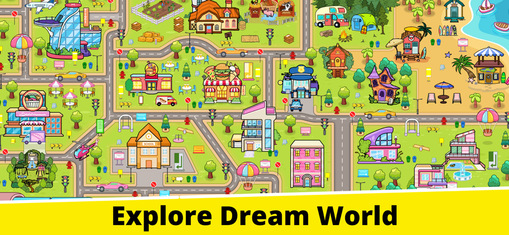 Tizi My World Avatar City Life - Luftaufnahme einer bunten Cartoon-Stadtkarte mit Gebäuden und Parks in Tizi My World