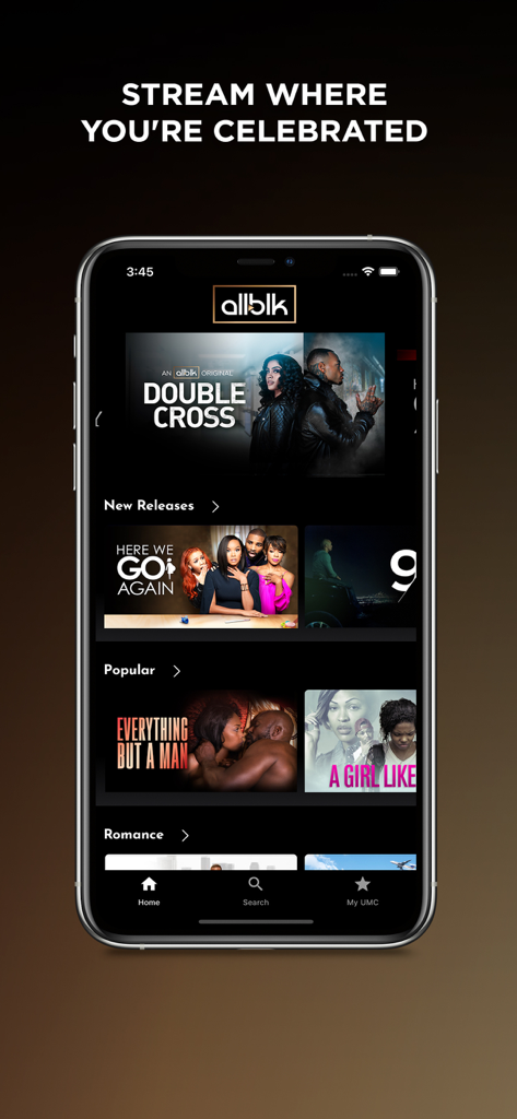 ALLBLK: TV & Film - Oberfläche der ALLBLK Streaming-App mit Originalserien und Filmkategorien auf einem Mobiltelefon.
