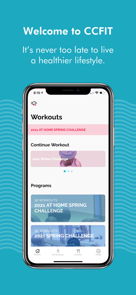 CCFIT: Cristina Capron Fitness - CCFIT app home screen showing seasonal workout challenges and programs