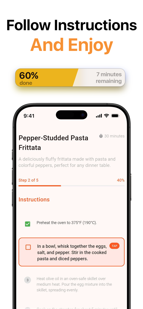 Smartphone-Bildschirm, der schrittweise Kochanleitungen und eine Fortschrittsanzeige für ein Pasta-Frittata-Rezept zeigt.