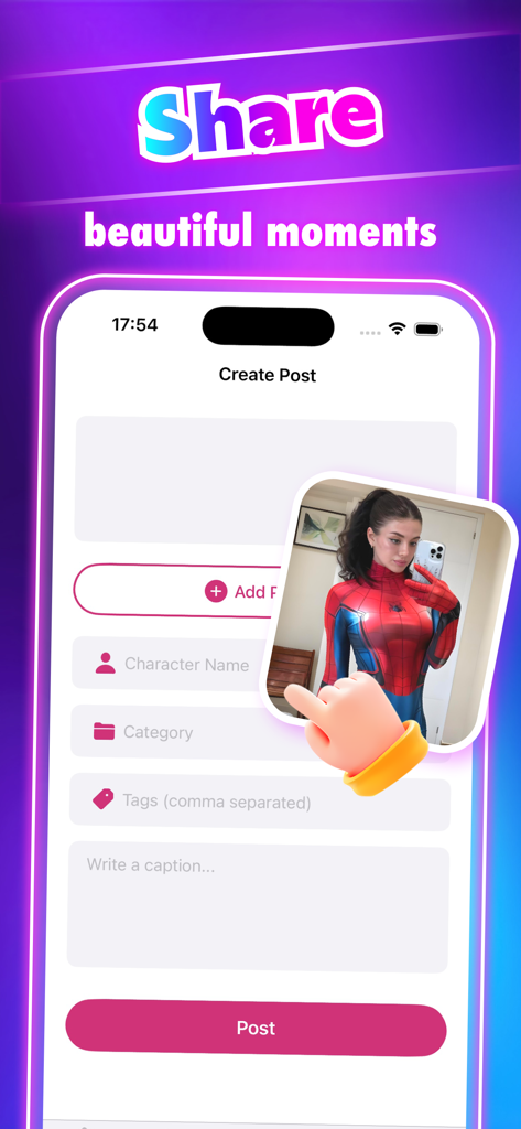 Una interfaz móvil de la app Jera mostrando la pantalla de crear publicación con una foto de cosplay de Spiderman y campos para etiquetar personajes.