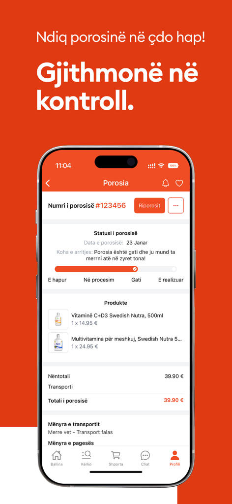 GjirafaMall - Screenshot dell'app GjirafaMall che mostra i dettagli dell'ordine e la schermata dello stato di tracciamento in tempo reale.