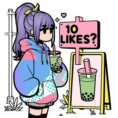 girl with oversized hoodie drinking boba and she has a high ponytail with a sign that says 10likes?