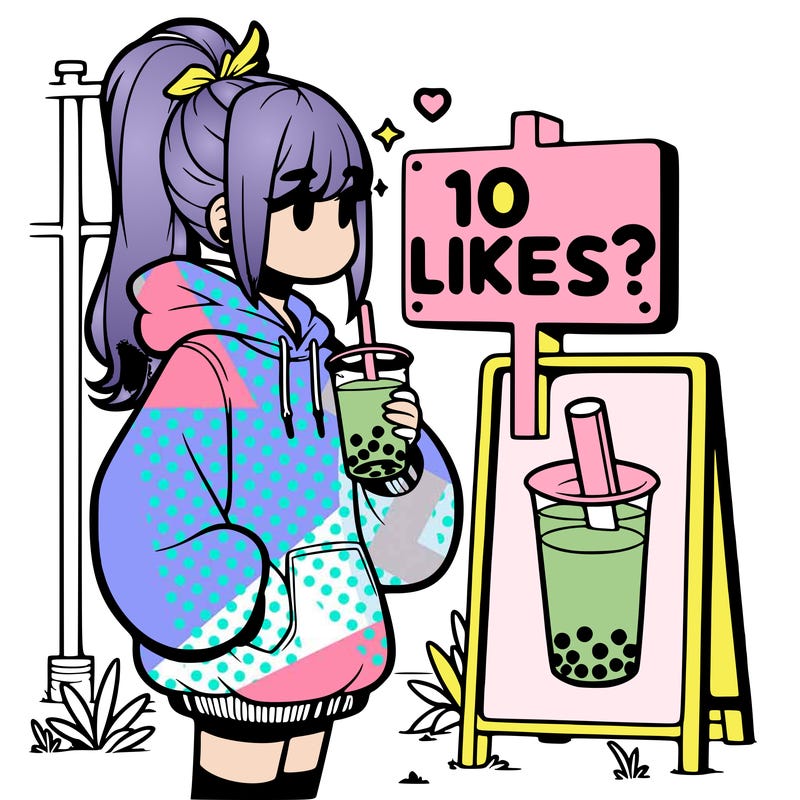 girl with oversized hoodie drinking boba and she has a high ponytail with a sign that says 10likes?