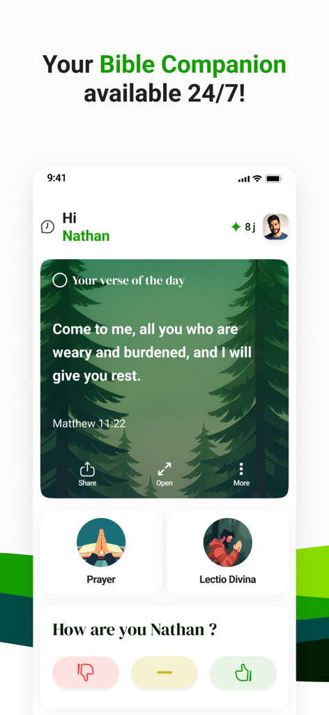HelloBible : Bible Chat - HelloBibleアプリのインターフェース。その日の聖句とスピリチュアルツールを表示しています。