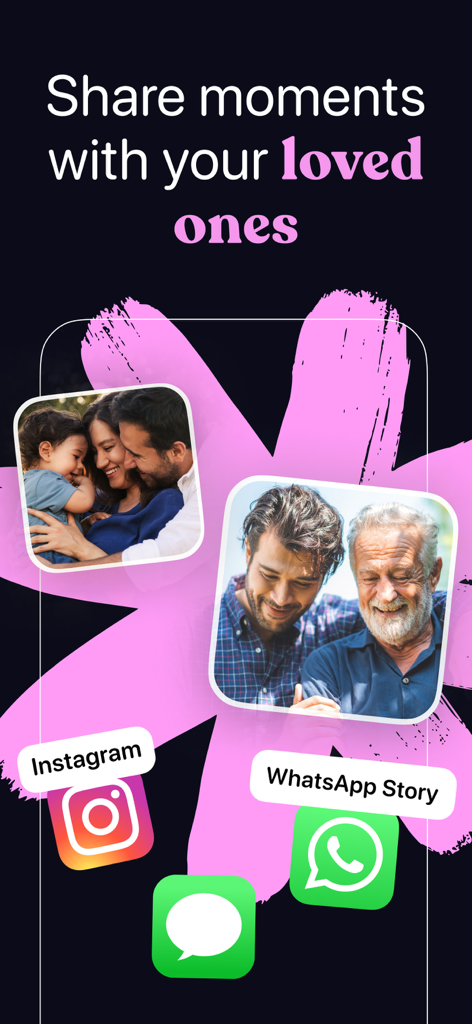 Collage Maker for Photos - Graphic showing family photo collages with social media sharing icons for Instagram and WhatsApp