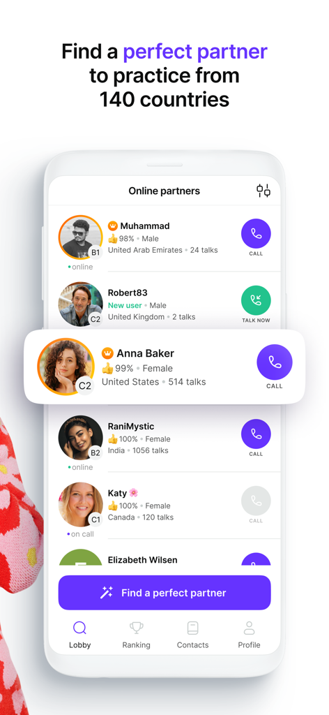 Speak Pal・Talk & Learn English - Interface of Speak Pal app showing a list of online language partners from different countries for English conversation practice