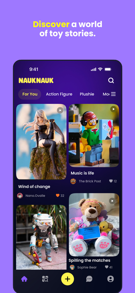 Home screen of the NaukNauk app showing a community feed with collectible action figures plushies and toy photography