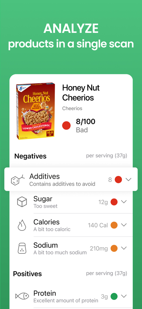Yuka - Food & Cosmetic Scanner - Yuka app interface displaying a bad health rating of 8 out of 100 for Honey Nut Cheerios cereal
