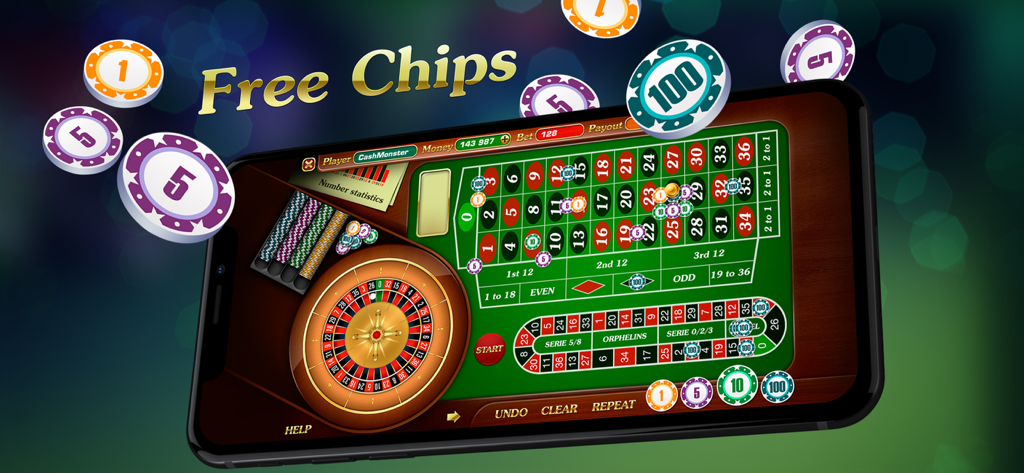 Mobile phone screen displaying the Roulette Casino Diamond game with a green betting table and floating chips