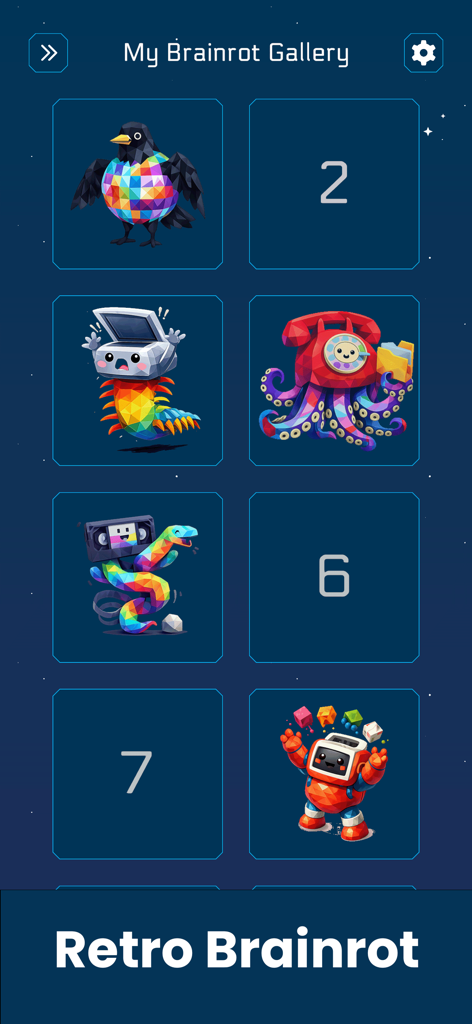 Brainrot Poly333: Retro Puzzle - A gallery screen showcasing various low poly retro meme characters in the Brainrot Poly333 game