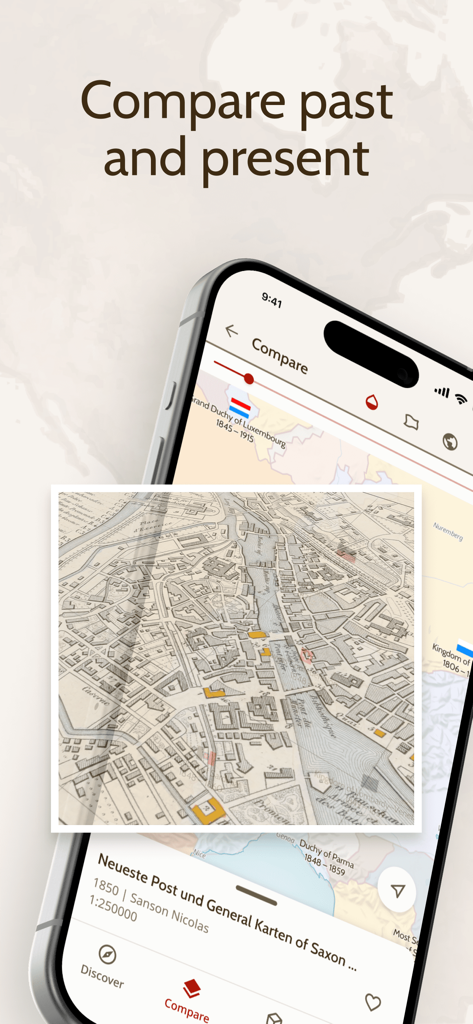 Smartphone-Bildschirm mit der OldMapsOnline-App, die historische und moderne Karten mithilfe einer Overlay-Funktion vergleicht.