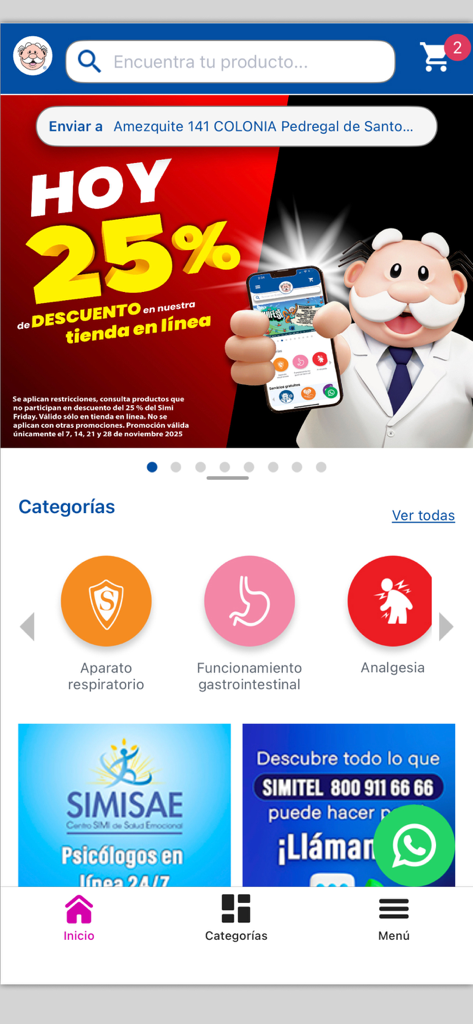 Startbildschirm der Farmacias de Similares App mit Medikamentenkategorien und Werbebanner
