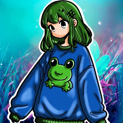 girl wearing frogging sweatshirt