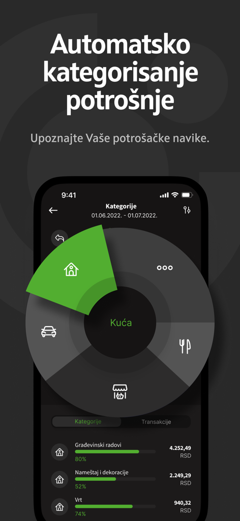 OTP m-bank mobile app screen showing automatic spending categorization and expense tracking chart.