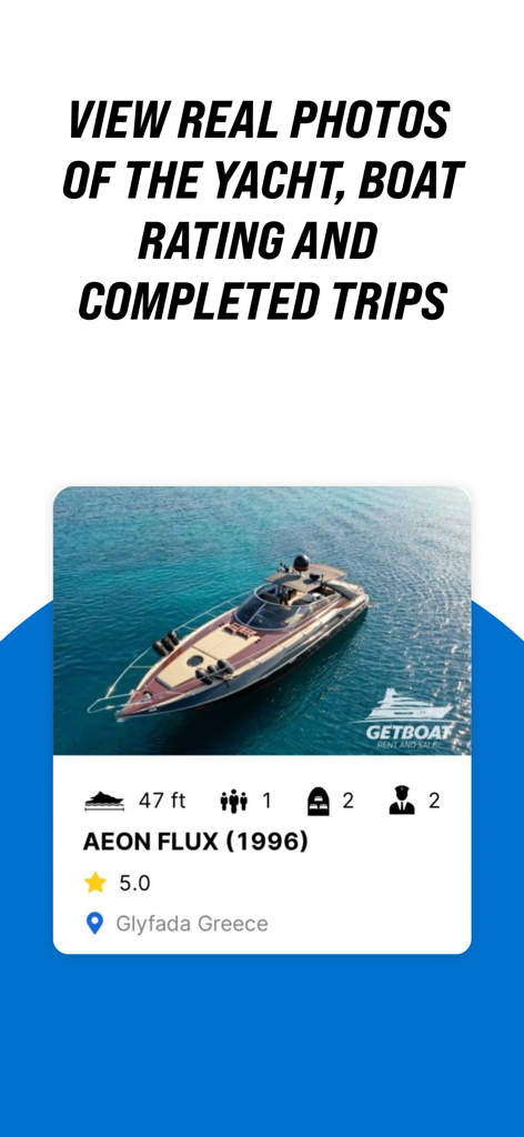 GetBoat.com - Boat Rental - GetBoat app screenshot showing a yacht listing with photos, rating, and boat specifications