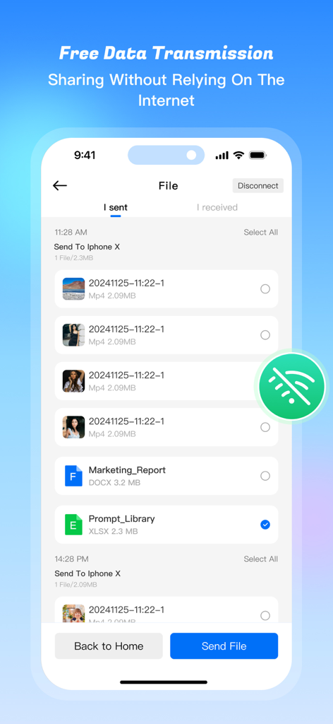 Share File：Smart Transfer Data - NeTransfer-App-Oberfläche mit gesendeten Dateien, einschließlich Videos und Dokumenten für die Offline-Freigabe