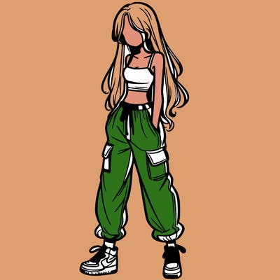 girl in baggy pants crop top and long hair
