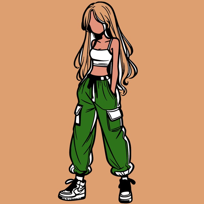 girl in baggy pants crop top and long hair