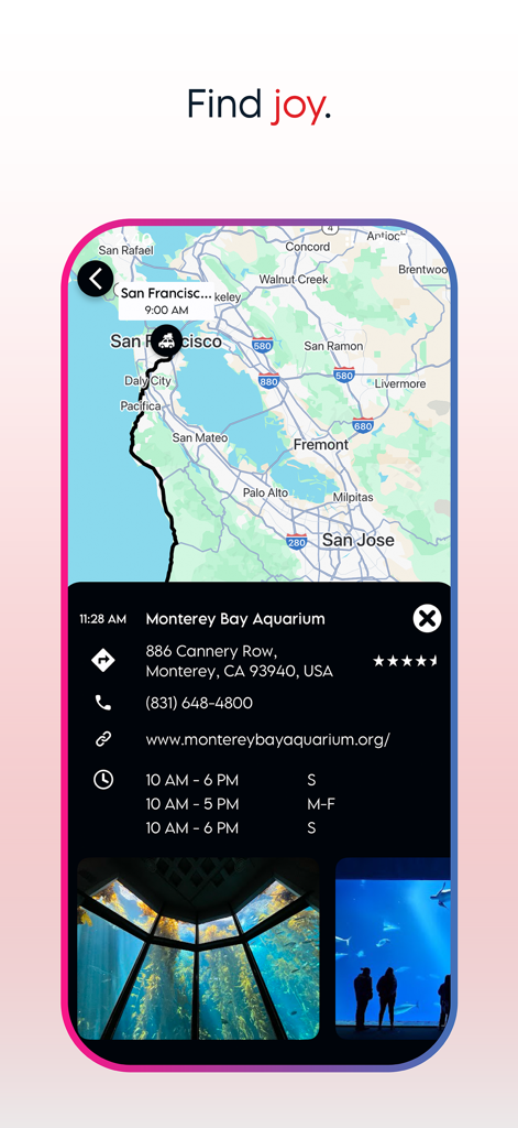 Plan WeGo - Travel Planner - Plan WeGo 앱 인터페이스는 지도에 로드 트립 경로와 몬테레이 베이 수족관에 대한 세부 정보를 보여줍니다.