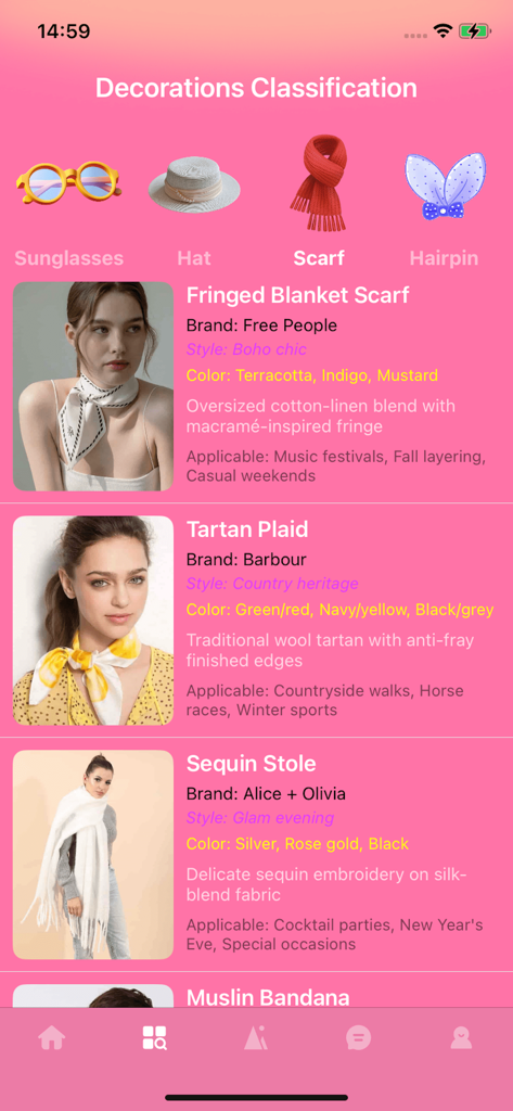 Una pantalla de la aplicación Lamo-Matching que muestra varias recomendaciones de bufandas, incluidas marcas y descripciones de estilo.