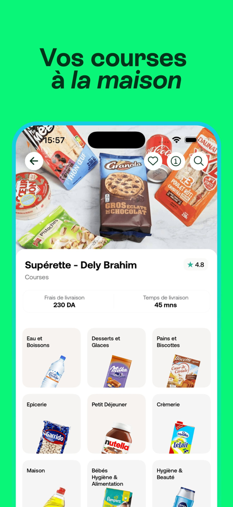 Fast app interface for grocery delivery showing various food categories and store information