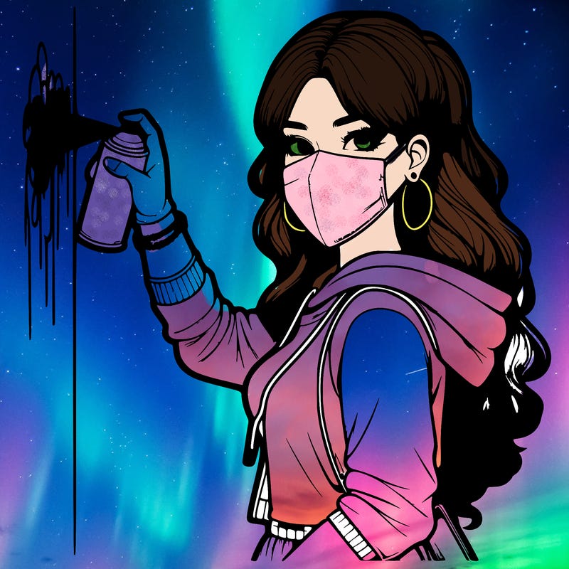 realistic girl with mask spray painting a wall