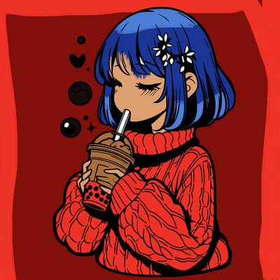 manga girl drinking boba in cozy sweater