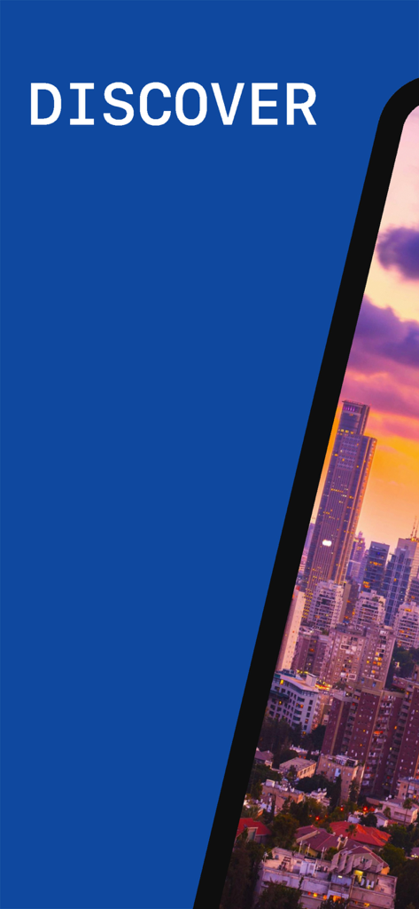 텔아비브 도시의 해질녘 풍경과 함께 "Discover"라는 단어가 보입니다.