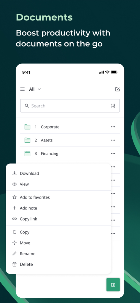 iDeals 가상 데이터 룸 모바일 앱 인터페이스로 문서 폴더와 보기 다운로드 및 복사와 같은 파일 작업을 위한 메뉴가 표시됩니다.