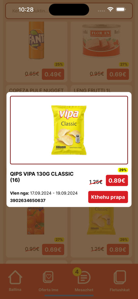 Super Viva - Ofertat online - Product detail view in the Super Viva app showing a 29 percent discount on Vipa Classic potato chips
