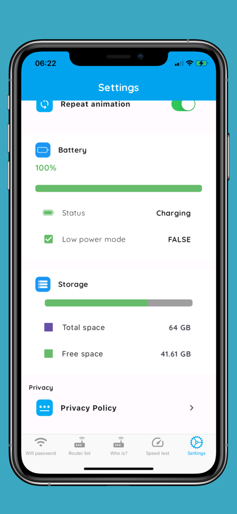 The settings screen of the app showing battery percentage and device storage details.