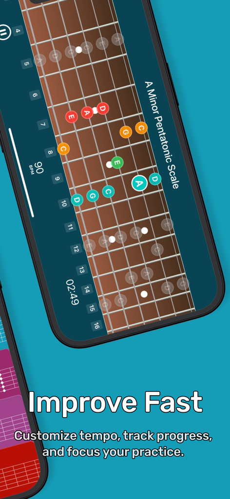 Guitar Scales: GuitarTime - GuitarTime app interface displaying A Minor Pentatonic Scale on a guitar fretboard with 90 BPM tempo.