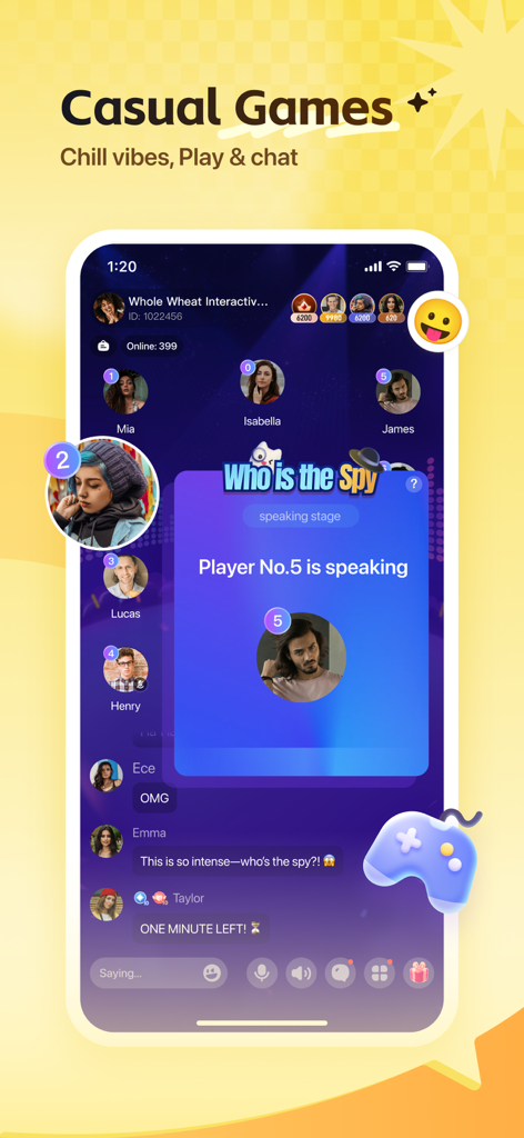 Wefun - Chat, Party and Game - Wefun app interface showing users playing a Who is the Spy game in a voice chat room.
