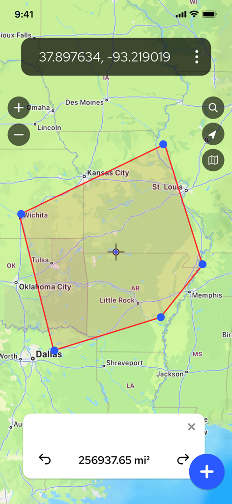 GPS Coordinator Area Measure - Medición de área GPS que muestra millas cuadradas calculadas en una interfaz de mapa