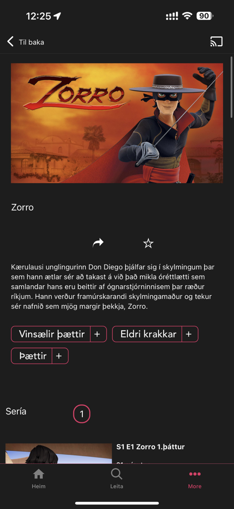 NovaTV sjónvarp - NovaTV app screenshot showing the Zorro series page with description and episode list in Icelandic