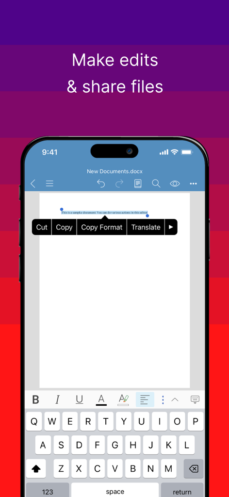 Ivanti Docs@Work interface showing a document being edited on an iPhone with text selection and on-screen keyboard.