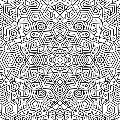 Discover the mesmerizing beauty of this hexagonal geometric mandala coloring page. Its intricate, radially symmetrical design promises a deeply engaging and relaxing creative challenge.