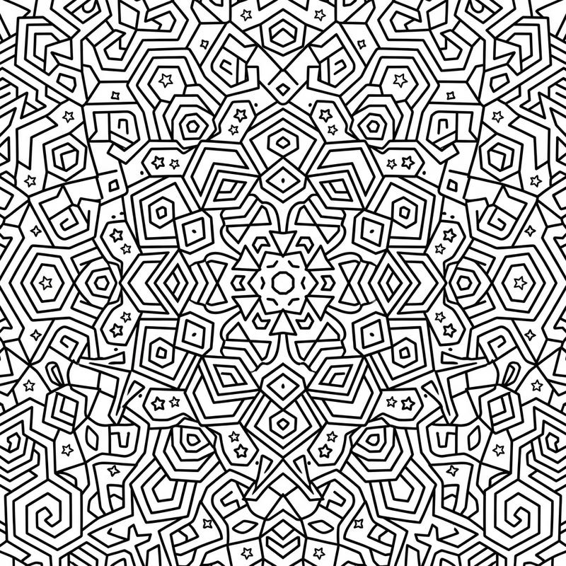 Discover the mesmerizing beauty of this hexagonal geometric mandala coloring page. Its intricate, radially symmetrical design promises a deeply engaging and relaxing creative challenge.