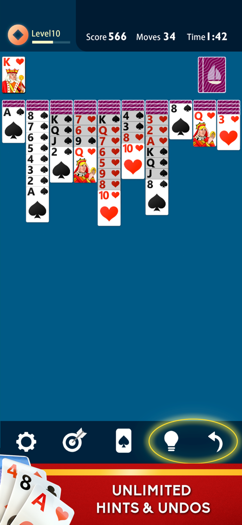 Spider Solitaire - Plus - Spider Solitaire Plus gameplay screen highlighting the unlimited hints and undos features on a clean blue interface