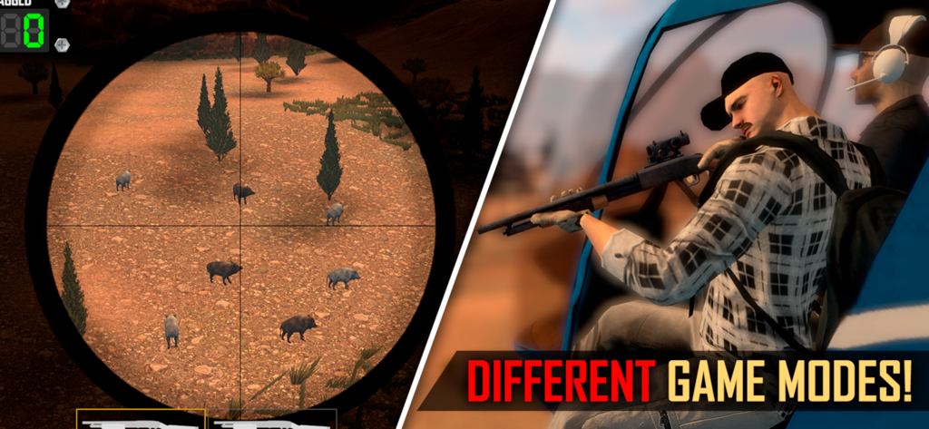 American Marksman - A split screen showing a scope view targeting wild boars and a hunter character with a rifle.