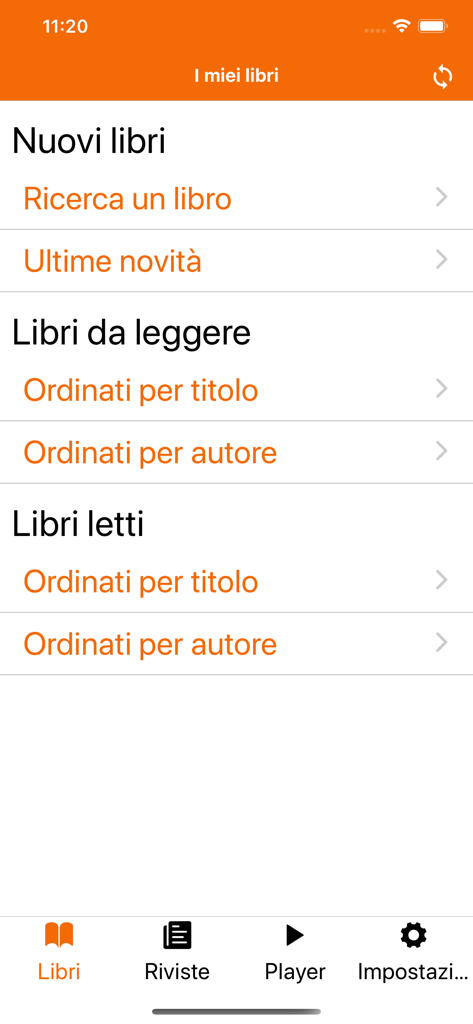 Libro Parlato CILP App - Main library screen of the Libro Parlato CILP app showing sections for searching books, latest releases, and lists of books to read and already read.