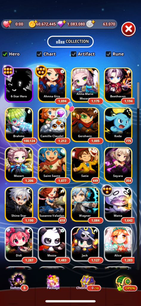 A collection menu in RhythmStar displaying a grid of anime-style heroes based on classical composers like Mozart and Beethoven.