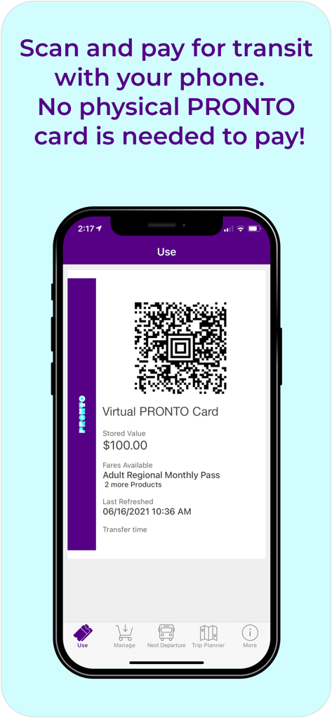 Pronto - San Diego - Smartphone mostrando o cartão virtual do aplicativo Pronto San Diego e código QR para escanear e pagar tarifas de transporte